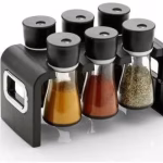 Krushi Vikas Store Round Shape Transparent 6 Piece Jar Spice Rack Kitchen Spices and Masala Storage (Black) (6 - Pcs Spice Rack)