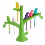 Krushi Vikas Plastic Fruit Fork with Stand and 6 Fork Multicolor Bird Design Fancy Fruit Fork (Pack of 1 Stand & 6 Forks) (Fruit Fork Bird, 1)
