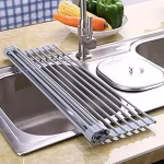 Krushi Vikas Multipurpose Roll-up Dish Drying Rack Over The Sink Mat, Stainless Steel Adjustable Folding Rolling Dish Drainer Organizer Rack for Kitchen, Black - Big Size (46.5 x 46 cm)