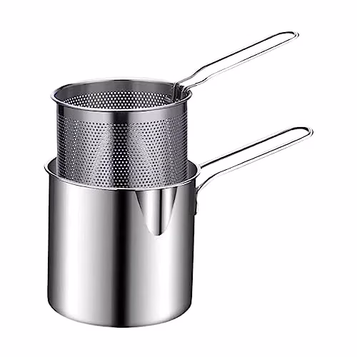 Krushi Vikas Small Deep Frying Pot with Basket 1200ml Stainless Steel Fryer Pot with Long Handle Mini deep Oil Fryer for French Fries/Shrimp/Fish/Chicken Wings/Boiling Butter/Sauce/Gravies/Pasta(1-Pcs)