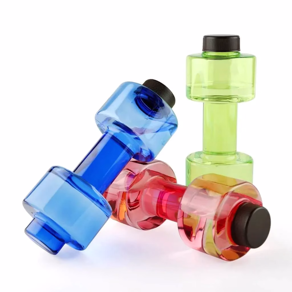 Krushi Vikas Plastic Dumbbell Shape Water Bottle Plastic Portable Dumble Water Bottle, Multicolour Stylish Plastic Dumbbell Sports Bottle, Fitness Gym Water Bottle (PACK OF 2)