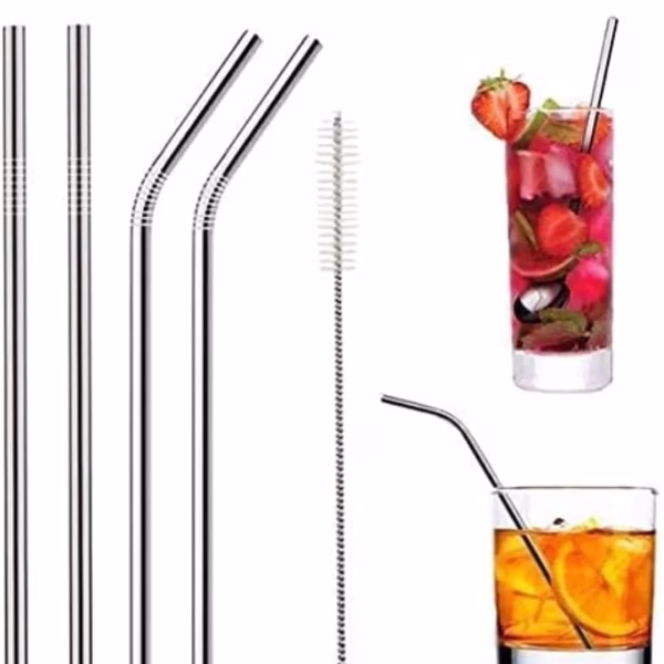 Krushi Vikas Set of 4 Reusable Metal Straws, Long Stainless Steel Straw with Cleaning Brushes, Drinking for 30 oz and 20 oz Tumblers.(2Bent + 2 Straight + 1 Brush)