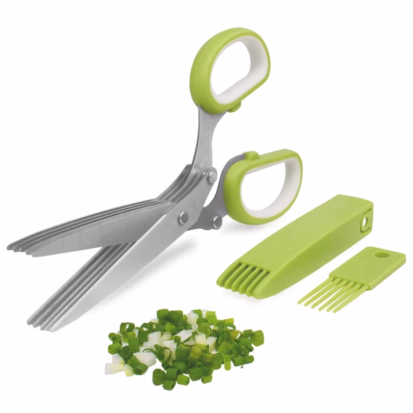 Krushi Vikas Herb Cutter Scissors 5 Blade Scissors Kitchen Multipurpose Cutting Shear with 5 Stainless Steel Blades & Safety Cover & Cleaning Comb Cilantro Scissors Sharp Shredding Shears Herb Scissors Set (Green