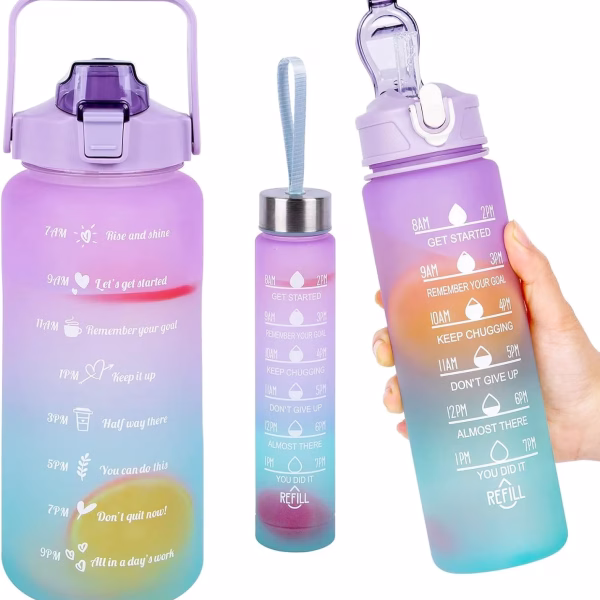 Krushi Vikas Motivational Water Bottle Set of 3 With Time & Capacity Marker, Leakproof, BPA-free Straw bottle for Home, Office, School & Gym (2L, 900ml & 280ml, Color- Multicolor)