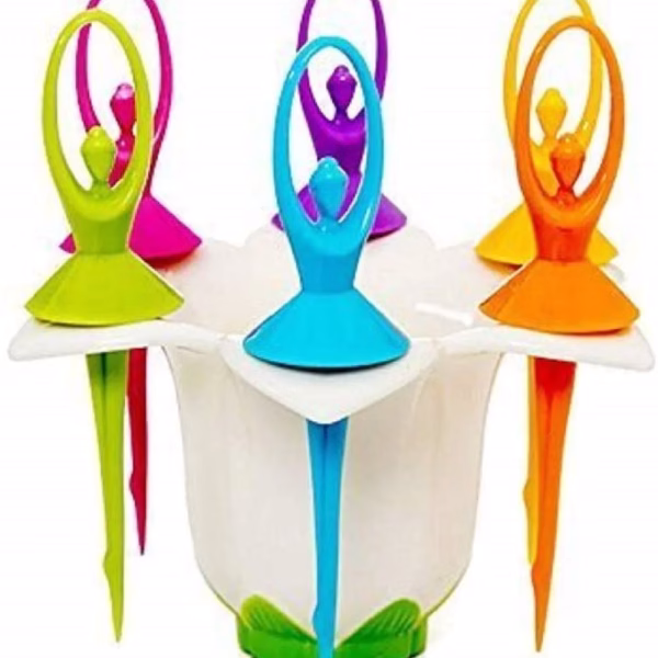 Krushi Vikas Plastic Dancing Doll Fruit Fork Set of 6 with Stand for Kids and Adults (Multicolor)