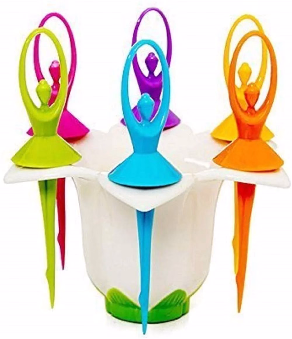 Krushi Vikas Plastic Dancing Doll Fruit Fork Set of 6 with Stand for Kids and Adults (Multicolor)