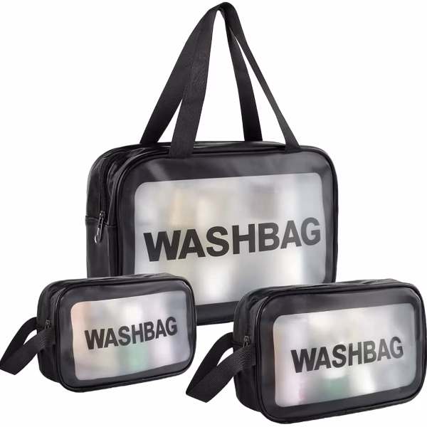 Krushi Vikas Clear Toiletry Bag, Wash Make Up Bag PVC Waterproof Zippered Cosmetic Bag, Portable Carry Pouch for Women Men (Set of 3 Bag Black)