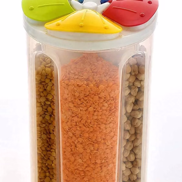 Krushi Vikas 4 Sections Flower Container Jar - 1 Pcs Plastic Grocery Container with Lid Box, Air Tight Transparent Easy Open Close Food, Grain, Cereal Dispenser Storage for Kitchen (2500ml, Multicolor)