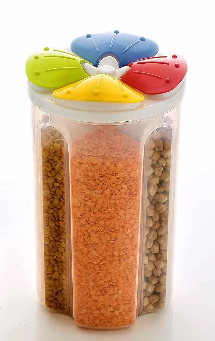 61SS3E62BIL._SL1430.jpg Krushi Vikas 4 Sections Flower Container Jar - 1 Pcs Plastic Grocery Container with Lid Box, Air Tight Transparent Easy Open Close Food, Grain, Cereal Dispenser Storage for Kitchen (2500ml, Multicolor) - Image 1