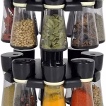 Krushi Vikas Multipurpose Revolving/Rotating Spice Rack For kitchen Plastic Made set of 16 for spice/salt masala container Rack with Holder and lid 16 pcs Black suitable for daining table