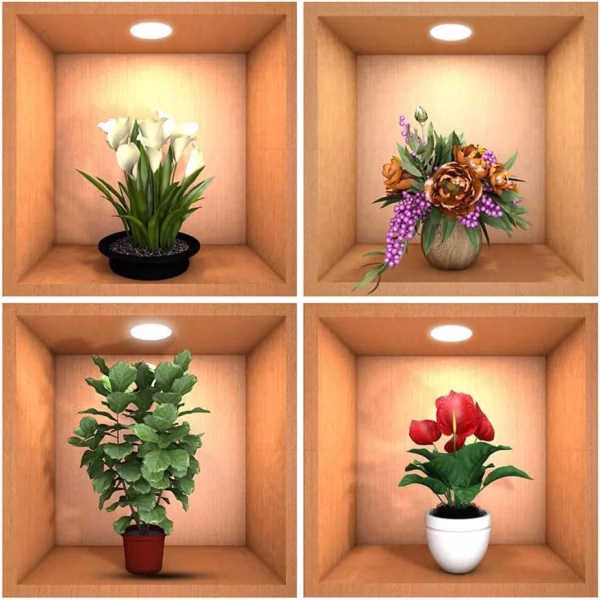 Krushi Vikas 3D Flower Wall Sticker - 4 Pcs New Creative Simulation Green Plant Pot Stickers, Self Adhesive Waterproof Wall Paper Decorative Stickers