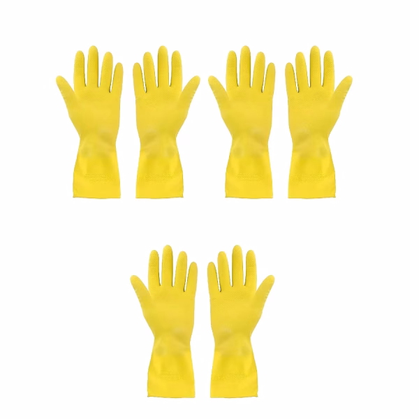 Krushi Vikas Reusable Large Yellow Gloves - 3 Pair Rubber Cleaning Gloves, Dishwashing Gloves, Kitchen Cleaning, Working, Painting, Gardening, Pet Care || (Free Size, Yellow)