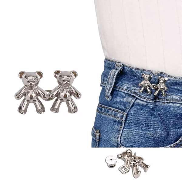 Krushi Vikas Adjustable Cute Bear Button Pins Buckle for Loose Jeans, Metal Pins Pearl Detachable Instant Button Pins, Set for Pants, Jeans, Skirts, Sleeves Tightener for Skirt Pants (Pack of 1, Silver)