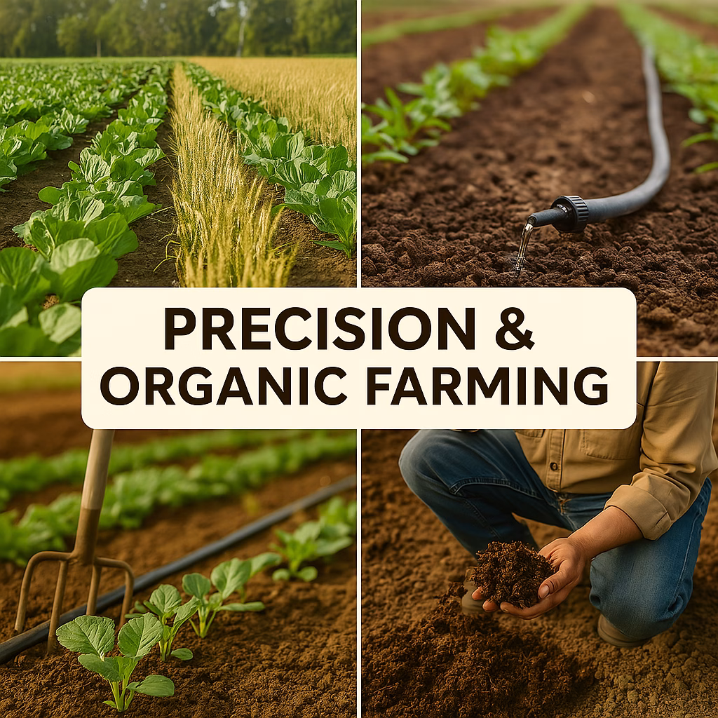 Illustration of sustainable farming: crop rotation, drip irrigation, and organic fertilizer use in a vibrant layout