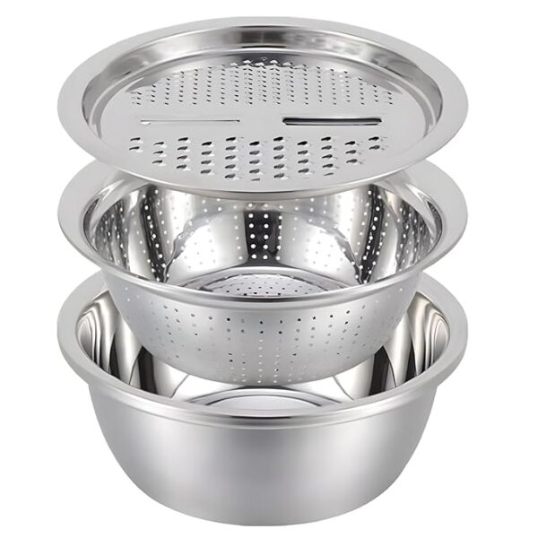 3 in 1 Stainless Steel Slicer, Strainer & Salad Bowl