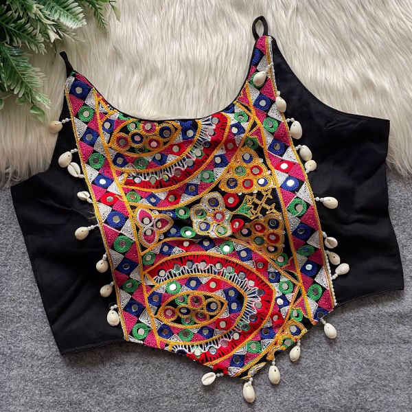 Navratri Blouse, Spaghetti Style with Real Shell&Lace Black
