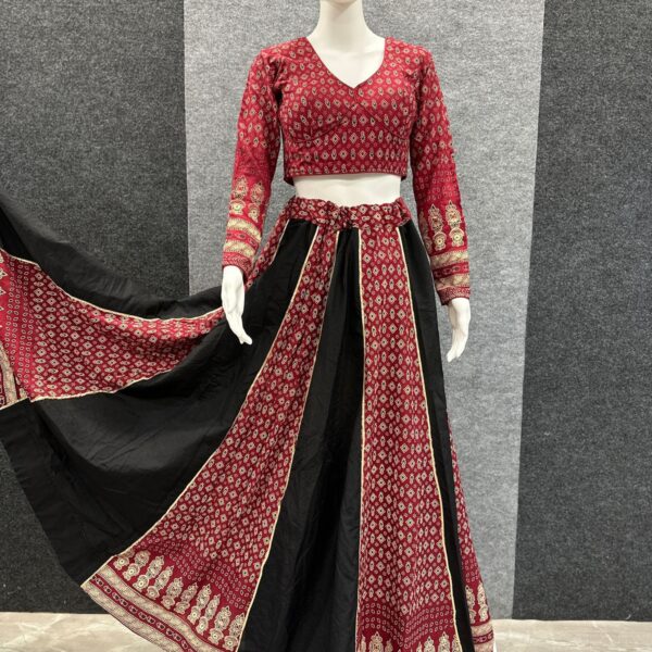 Red & Plain Black Navratri Lehenga with Ajrakh Cotton Blouse