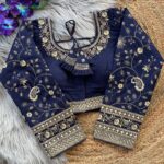 Navy Blue Long Sleeves Bridal Blouse – Heavy Embroidery