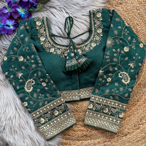 Bottle Green Long Sleeves Bridal Blouse – Heavy Embroidery
