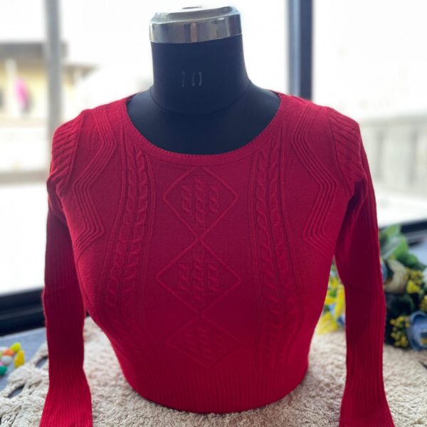 Red Trendy Winter Blouse for Women - Warm Woolen Knit Top