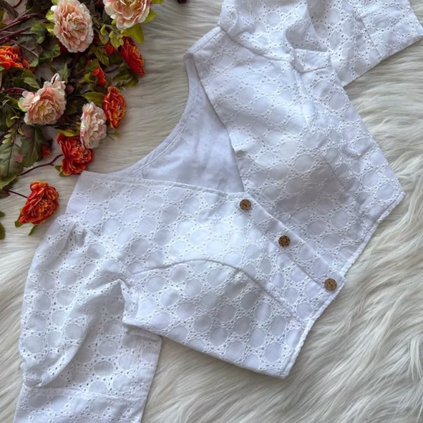 Pure Cotton Hakoba Blouse with Puff Sleeves - White
