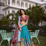 Tussar Silk Lehenga Choli with Floral Dupatta - Light Blue