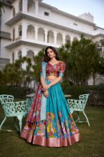 Tussar Silk Lehenga Choli with Floral Dupatta - Light Blue