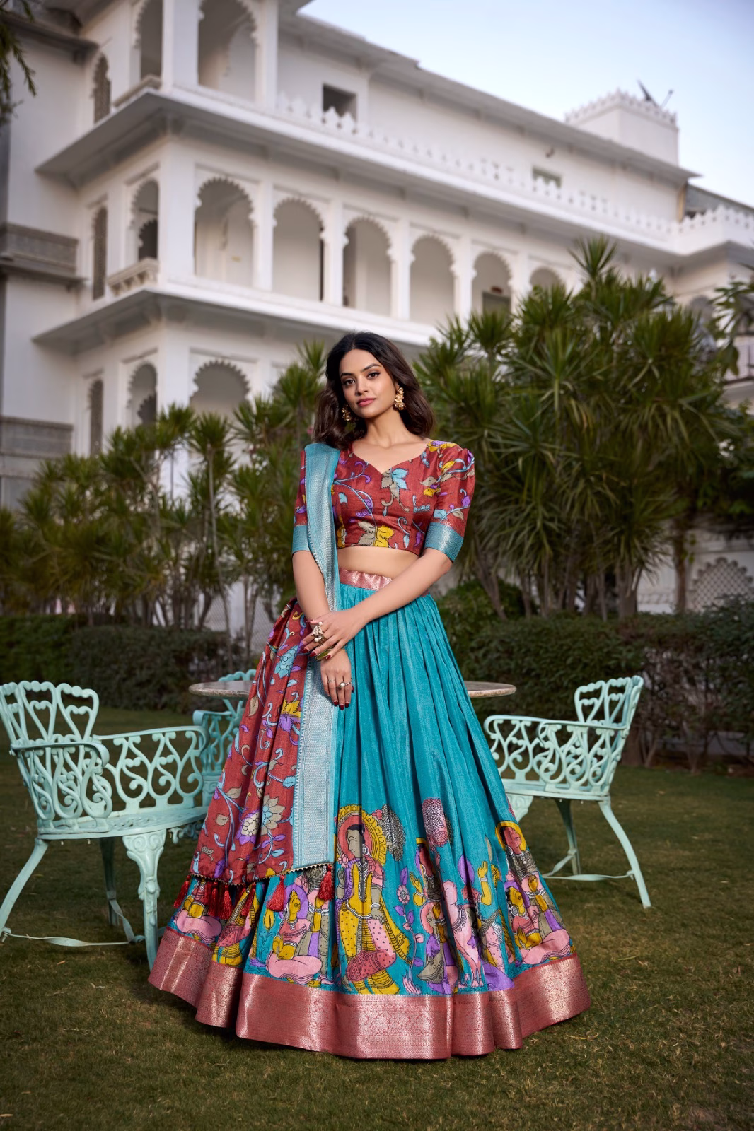 Tussar Silk Lehenga Choli with Floral Dupatta - Light Blue Tussar Silk Lehenga Choli with Floral Dupatta - Light Blue - Image 1