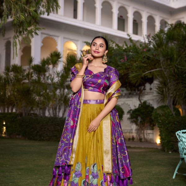 Tussar Silk Lehenga Choli with Floral Dupatta - Purple