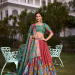 Tussar Silk Lehenga Choli with Floral Dupatta - Blue & Rust