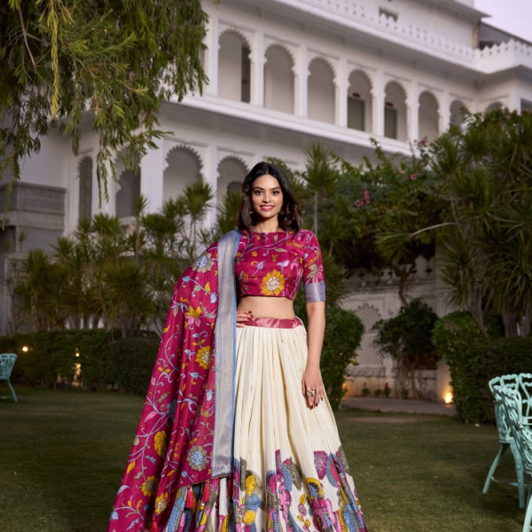 Tussar Silk Lehenga Choli with Floral Dupatta - Deep Magenta
