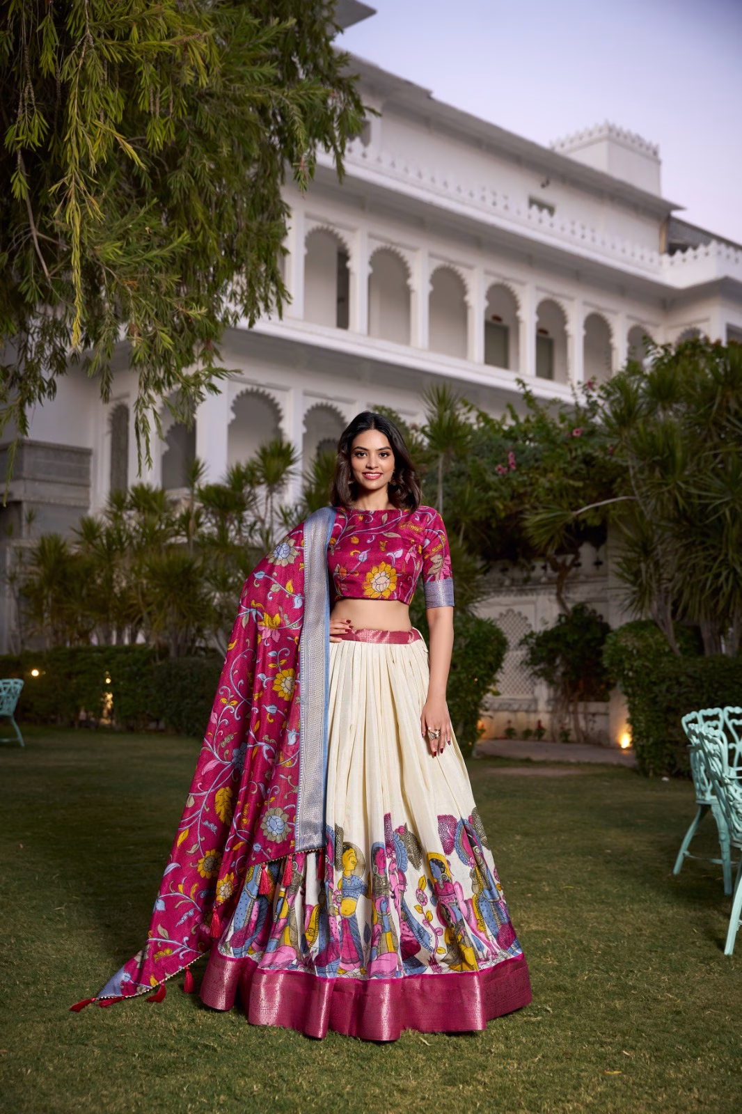 Tussar Silk Lehenga Choli with Floral Dupatta - Deep Magenta1 Tussar Silk Lehenga Choli with Floral Dupatta - Deep Magenta - Image 1