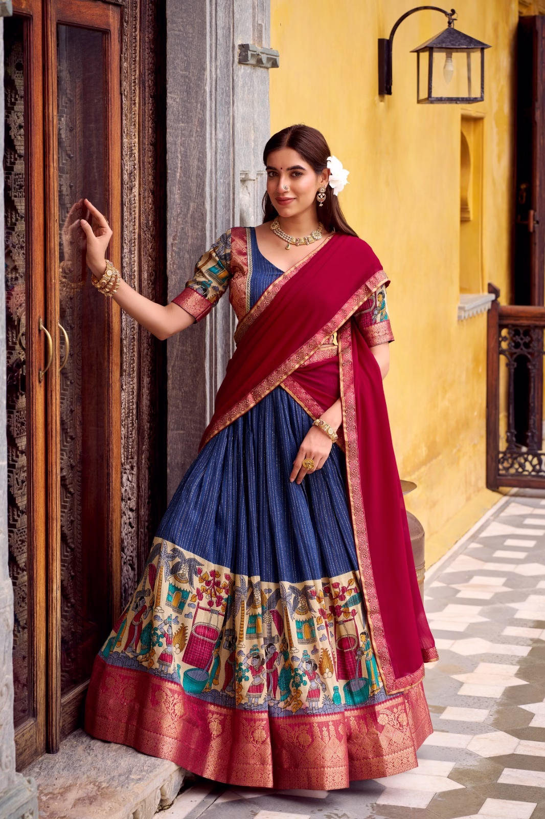 Tusser Silk Floral Print Lehenga Choli with Dupatta - Red Tusser Silk Floral Print Lehenga Choli with Dupatta - Red - Image 1
