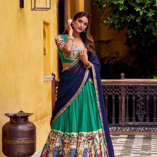 Tusser Silk Floral Print Lehenga Choli with Dupatta - Blue
