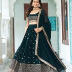 Bottle Green Embroidered Faux Georgette Lehenga Choli Set for different occasion