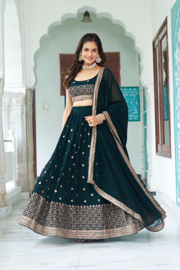 Bottle Green Embroidered Faux Georgette Lehenga Choli Set for different occasion