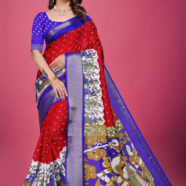 Dola Silk Kalamkari Print Saree with Designer Pallu & Blouse