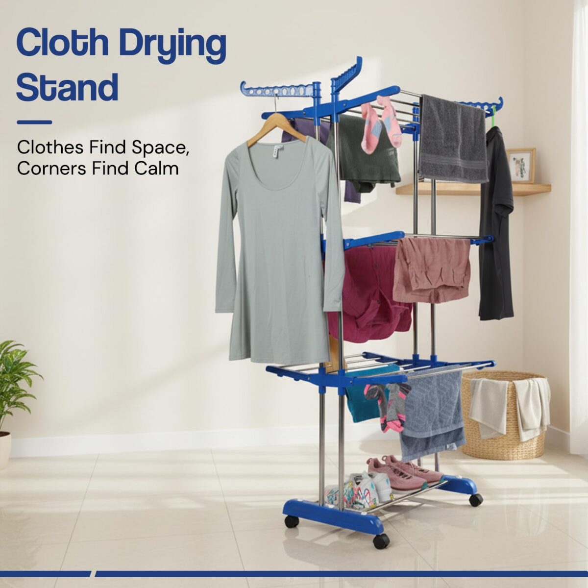 3 Tier Foldable Clothes Drying Stand with Wheels - Stainless Steel - Image 4