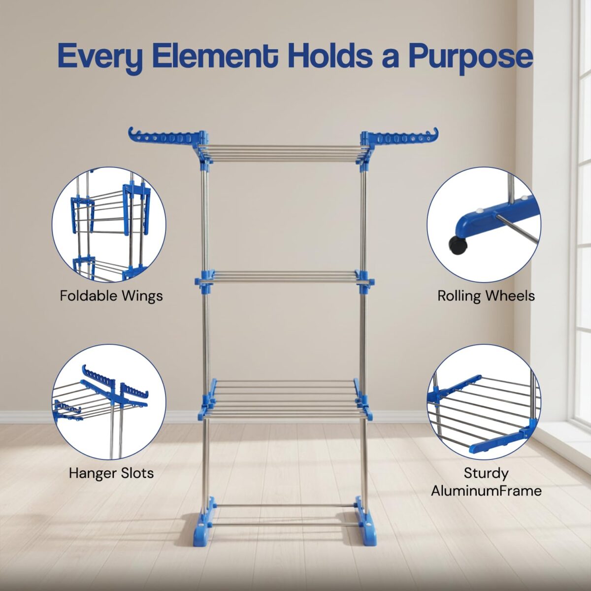 3 Tier Foldable Clothes Drying Stand with Wheels - Stainless Steel - Image 3