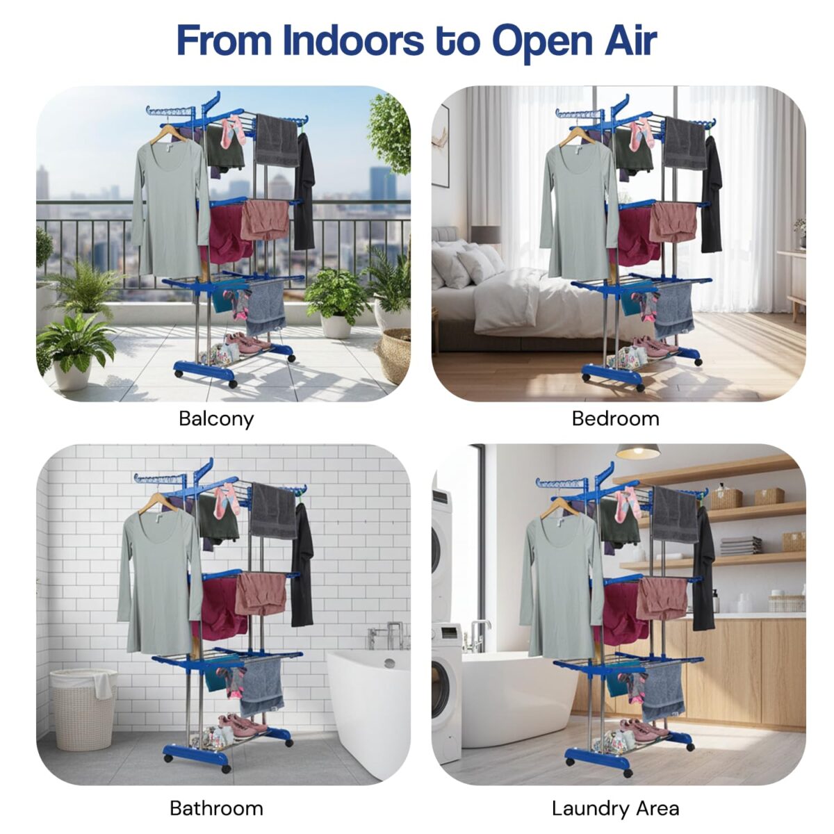 3 Tier Foldable Clothes Drying Stand with Wheels - Stainless Steel - Image 2