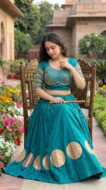 Pure Roman Cotton Gota Work Lehenga Choli - Peacock Blue - Image 2