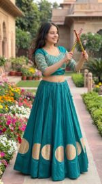Pure Roman Cotton Gota Work Lehenga Choli - Peacock Blue - Image 3