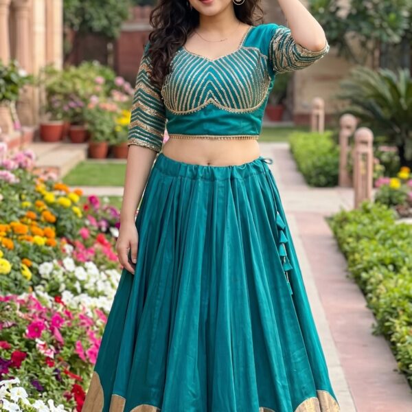 Pure Roman Cotton Gota Work Lehenga Choli - Peacock Blue