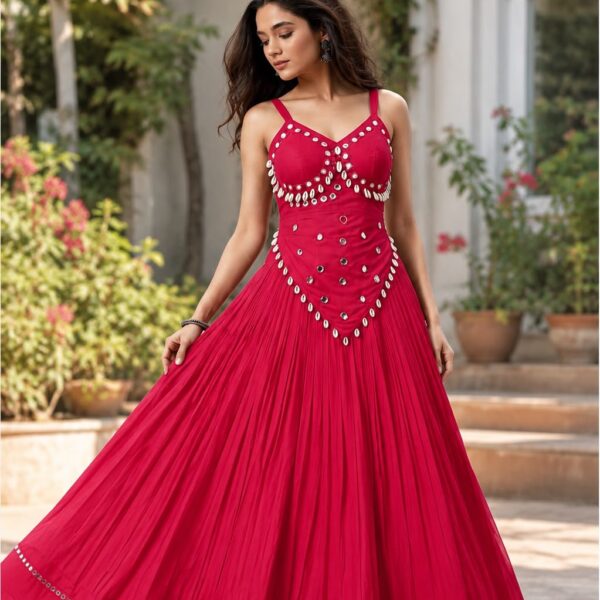 Woman modeling a festive rani pink pure rayon cotton chaniya choli with 6-meter flare skirt, real mirror border, and matching stitched bustier blouse adorned with hand-stitched cowrie shells and mirrors.