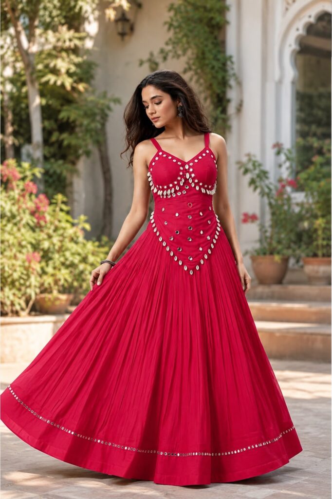 Woman modeling a festive rani pink pure rayon cotton chaniya choli with 6-meter flare skirt, real mirror border, and matching stitched bustier blouse adorned with hand-stitched cowrie shells and mirrors.