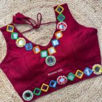 Roman Silk Mirror Work Blouse - Maroon, Sabyasachi V Neck Navratri Blouse