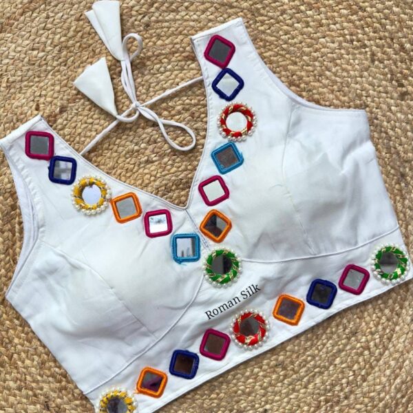 Roman Silk Mirror Work Blouse - White, Sabyasachi V Neck Navratri Blouse