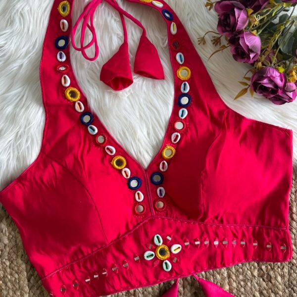 Navratri Special Real Mirror Work Blouse – Red - Heavy Kaudi & Thread Work Roman Silk