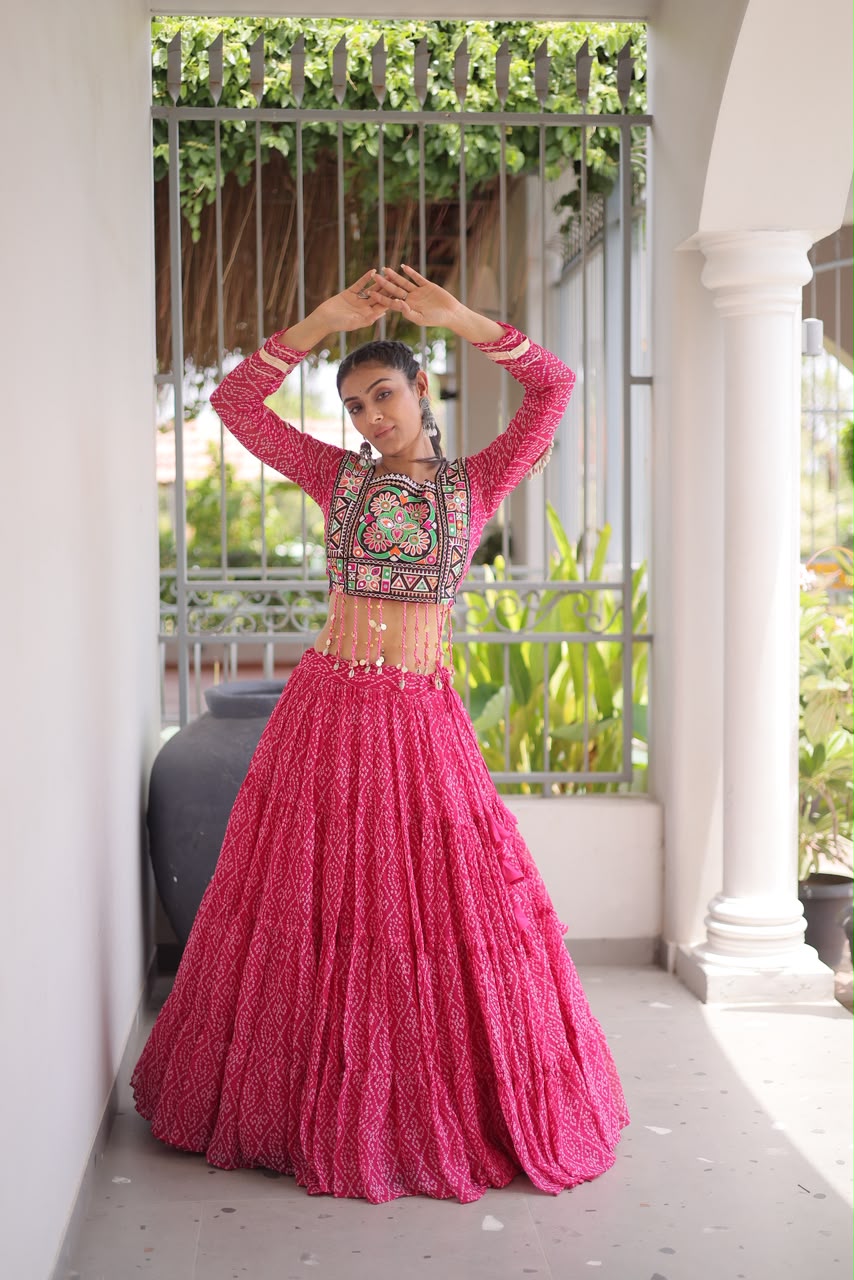Bandhani Lehenga Choli Pink3 Bandhani Lehenga Choli for Navratri - Kutchi Work Pink - Image 1