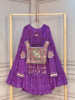 Bandhani Lehenga Choli for Navratri - Kutchi Work Purple - Image 3